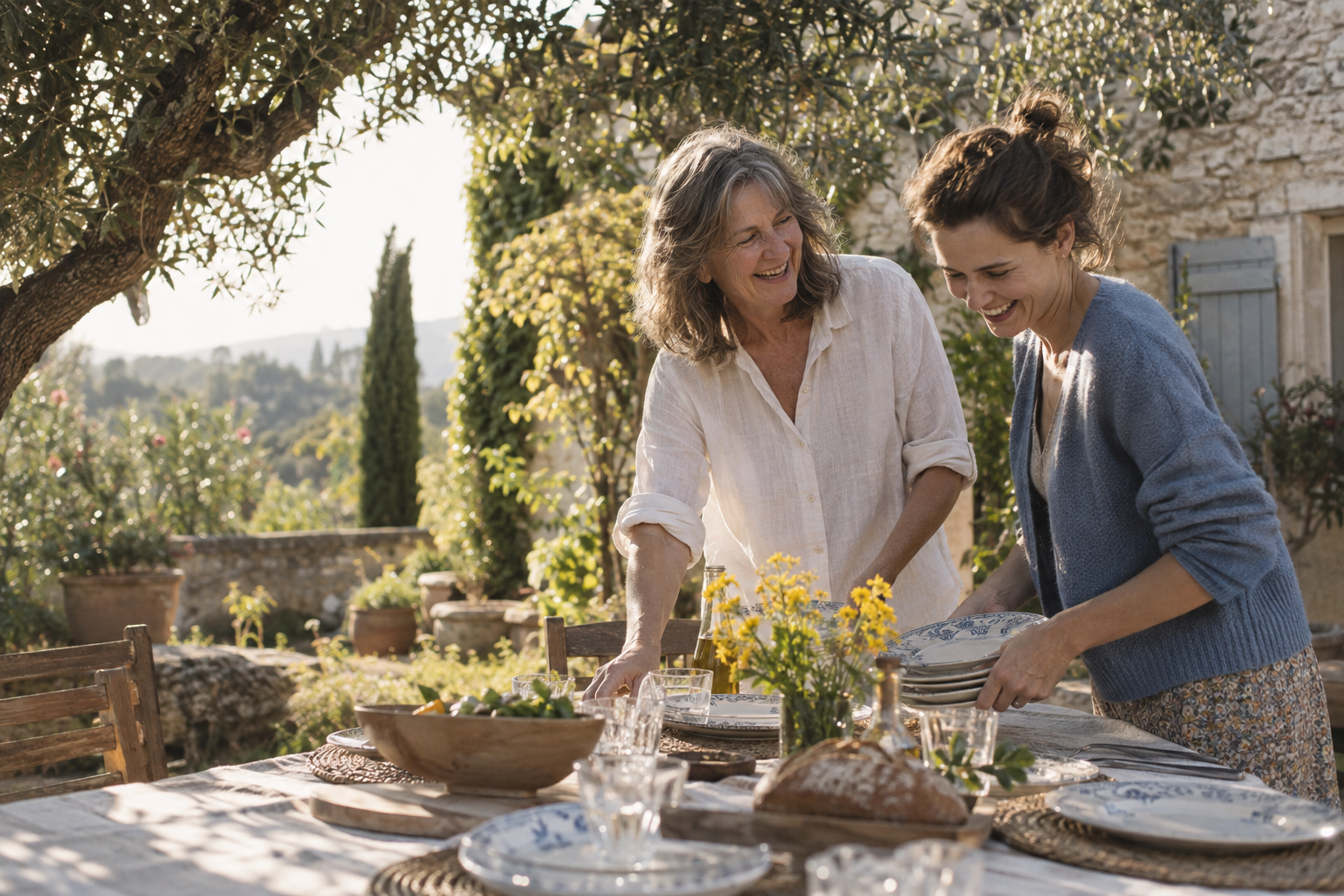 Fiktive erwachsene Mutter und Tochter sitzen gemeinsam im Garten